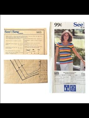 Butterick See & Sew Sewing Pattern 5823 Shirt Top S M L Vintage